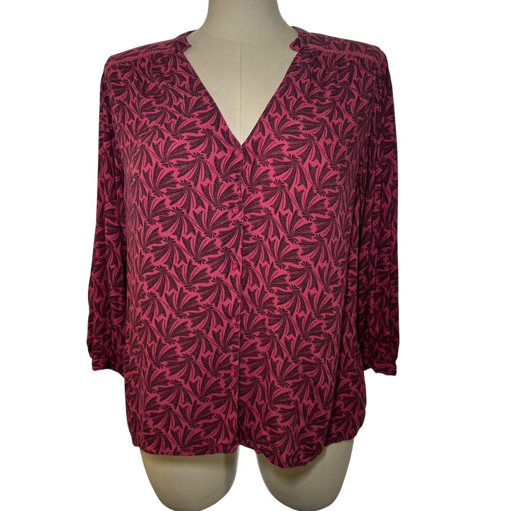 Hinge Ruffle Neck Long Sleeve‎ Pink Leaf Print Casual Blouse Top Women's